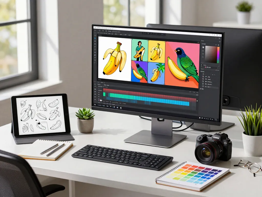 Designer using the Nano Banana flash AI image editor in a vibrant workspace, showcasing creativity and advanced digital editing tools.