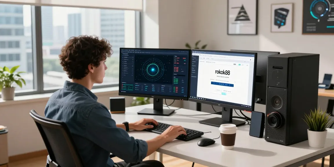 Professional workspace showcasing rokok88 slot login performance metrics on monitors, enhancing online connectivity.