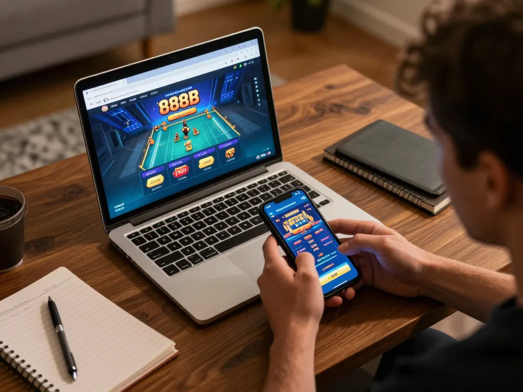 Engaging gameplay on 888B trang chủ with a lively online casino setup showcasing a laptop and smartphone.