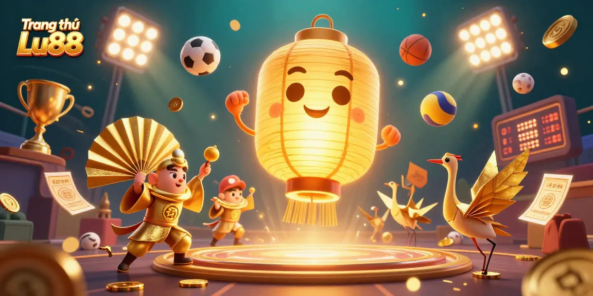 Immerse yourself in Trang chủ Lu88's enchanting gaming scene featuring golden lantern spirits and dynamic sports elements.