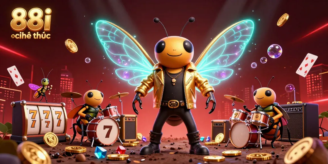 Engage with the vibrant world of 88i chính thức as a cicada rock star takes center stage among slot reels and gold coins.
