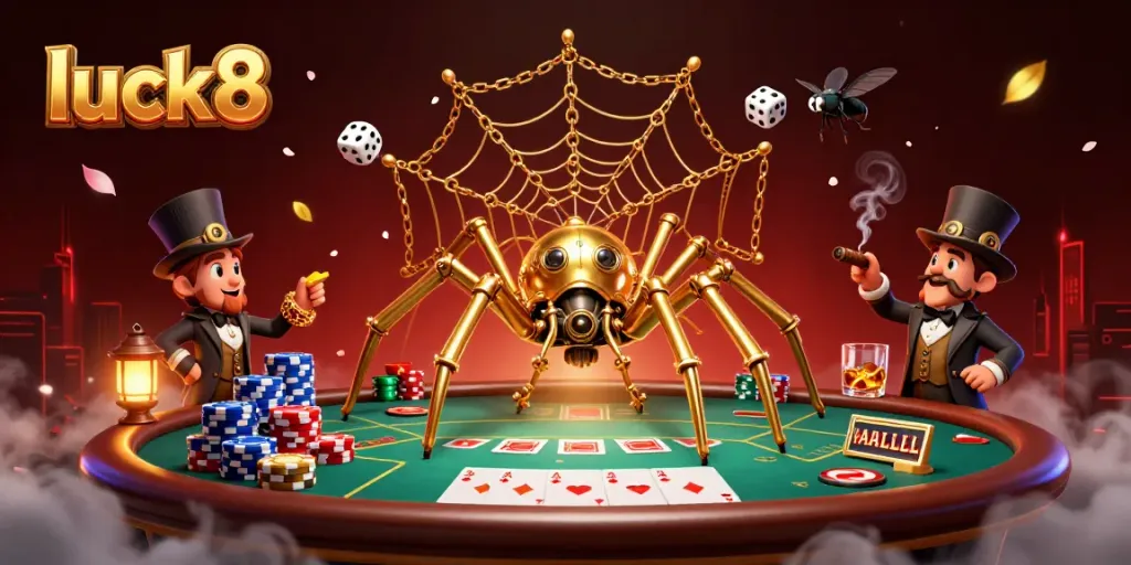Luck8's steampunk spider and Victorian fly gentleman embodying excitement at a poker table.