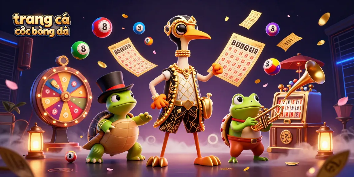 Engage in trang cá cược bóng đá with vibrant visuals depicting a lively betting atmosphere featuring a cartoon crane, turtle, and frog.