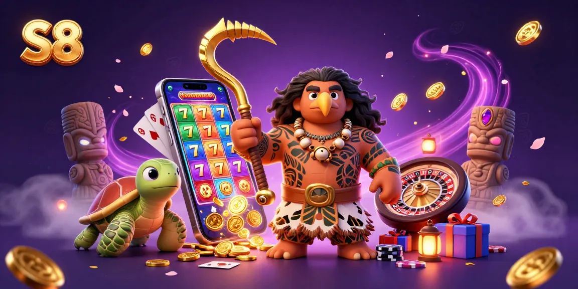 Experience S8 slots with a vibrant 3D scene featuring characters, gaming elements, and casino excitement.