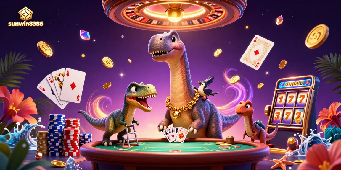 Join sunwin8386 at the lively casino where a giant brontosaurus oversees an exciting poker game!