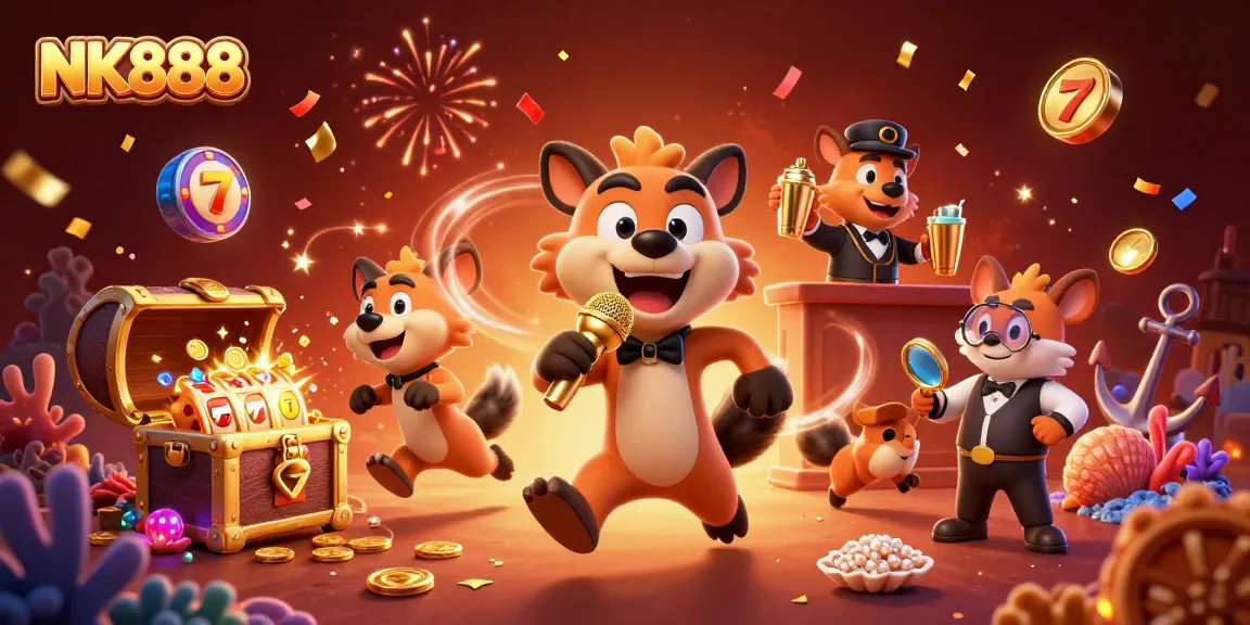 Navigating NK888 at an exciting casino scene with colorful slot reels and animated characters.