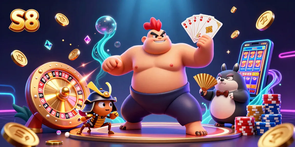 S8 powers up players with an energetic casino atmosphere filled with vibrant characters, gold coins, and spinning roulette wheels.