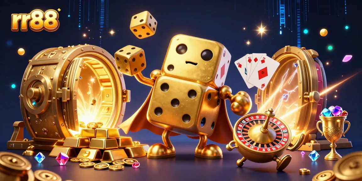 Win big at rr88 with a vibrant 3D casino scene featuring golden dice and treasures.