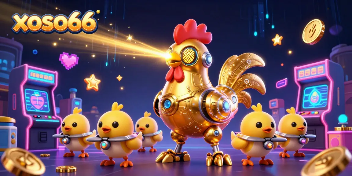 Xoso66 lottery gaming scene with a golden rooster robot shooting lasers amidst colorful arcade machines