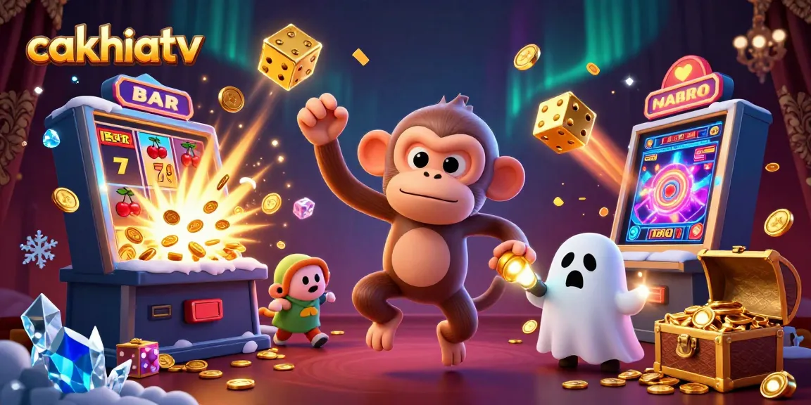 Cakhiatv features an energetic scene with a playful poltergeist monkey juggling casino elements and a curious puppy on its trail.