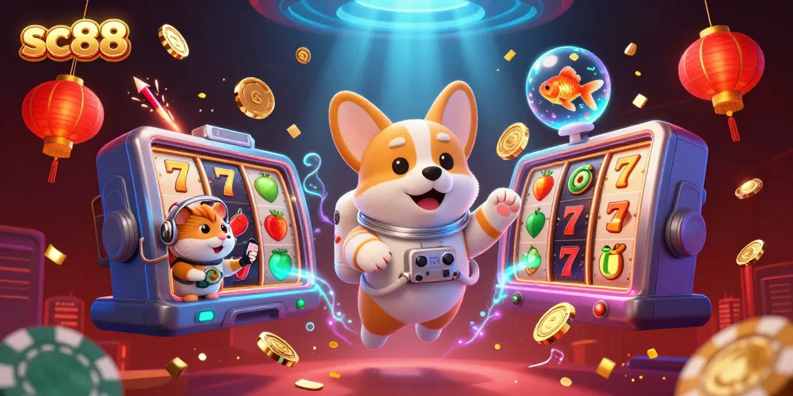 Engage with the sc88 casino ambiance featuring an astronaut corgi floating amid jackpot reels.