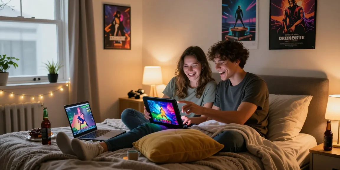 Couple enjoying interactive porn games on tablet and laptop in cozy bedroom