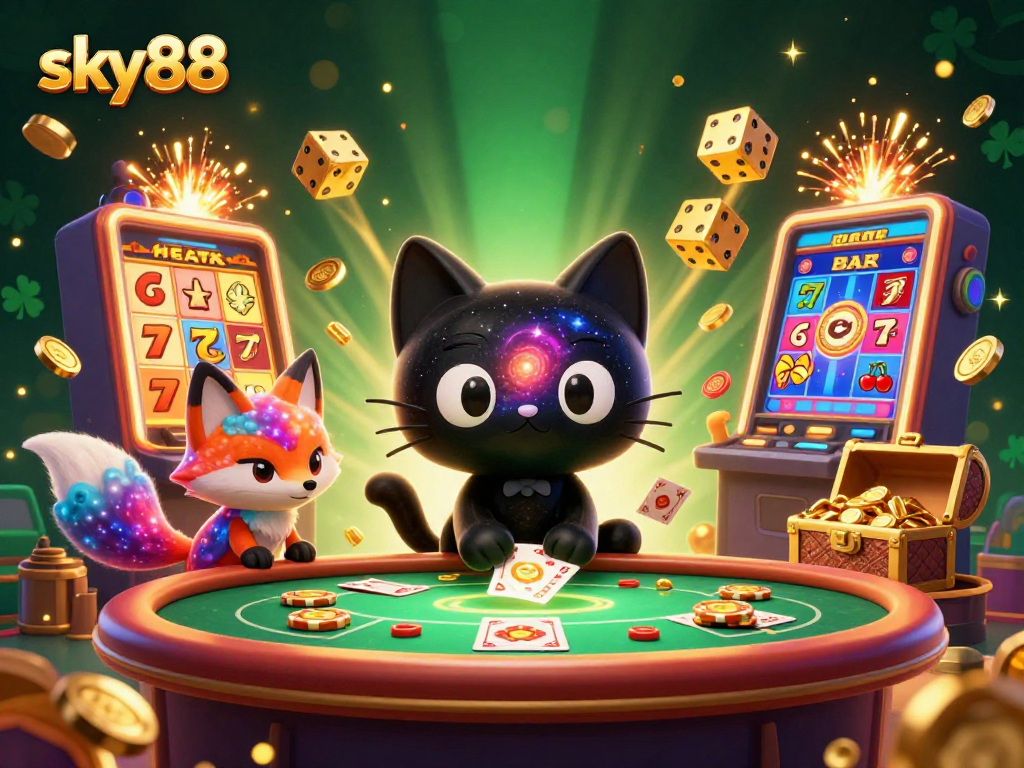Experience the excitement of sky88 as the black hole cat draws in casino treasures in a cosmic scene.