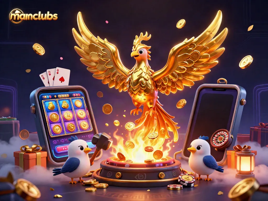 Experience the exhilarating gameplay of manclubs with a 3D golden phoenix symbolizing fortune, surrounded by slot games and vibrant casino elements.
