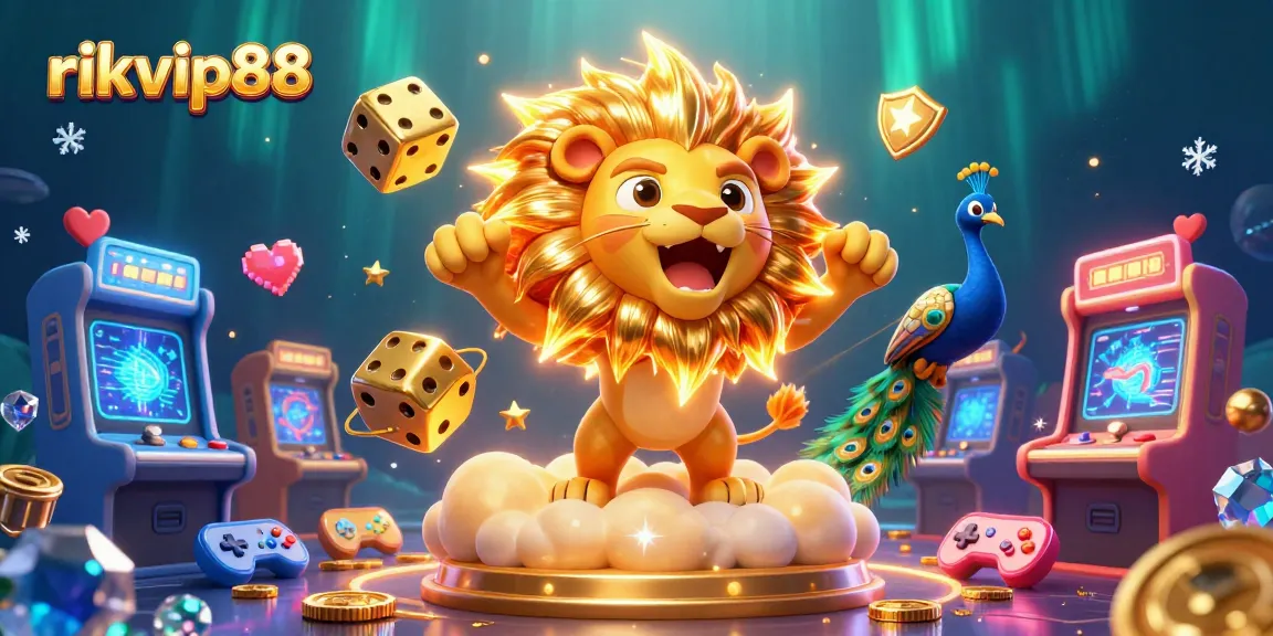 Experience the thrill of rikvip88 with vibrant game elements, a roaring lion, and cosmic dice.
