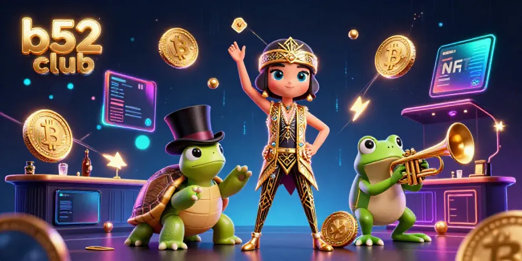 Dive into b52 club's vibrant gaming action with an exciting 3D casino scene featuring lively characters and digital rewards.