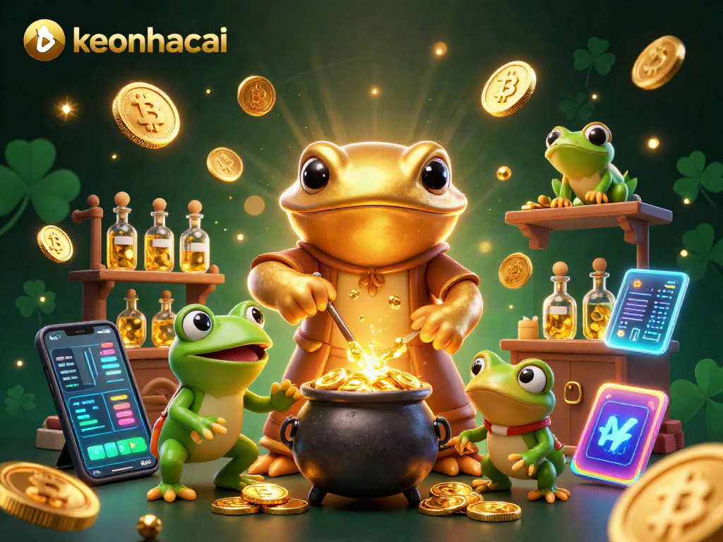 Engage with keonhacai through this vibrant 3D scene illustrating a gold-transmuting salamander and cryptocurrency elements.