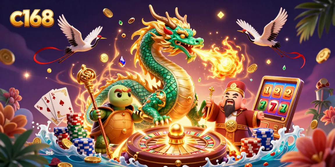 Experience the thrill of winning at C168 with vibrant dragons and classic casino elements.