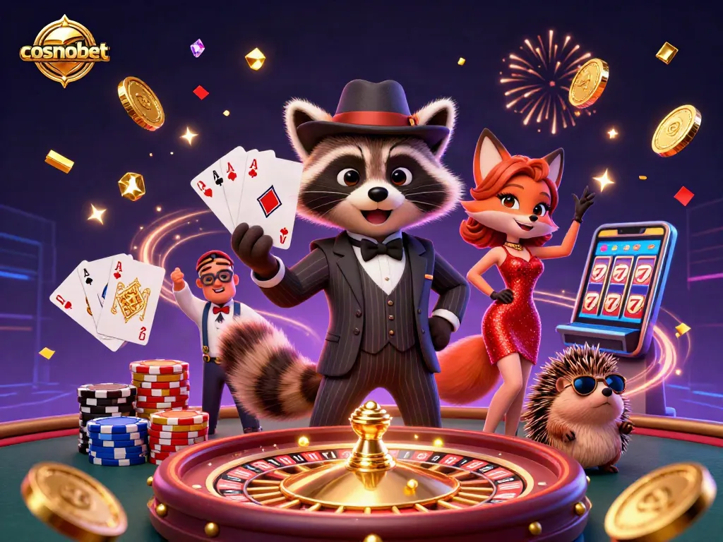 Spin to win with Cosmobet featuring a raccoon holding a royal flush in a vibrant casino scene.