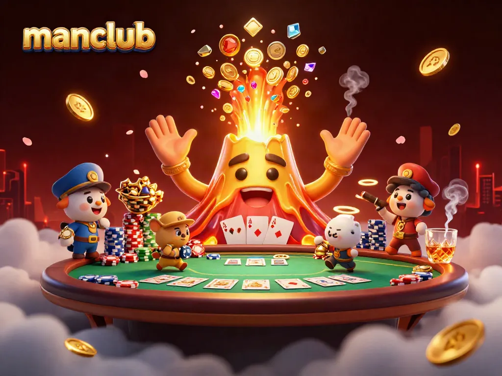 Experience thrilling wins at Manclub with a vibrant 3D illustration depicting a golden volcano erupting treasures.