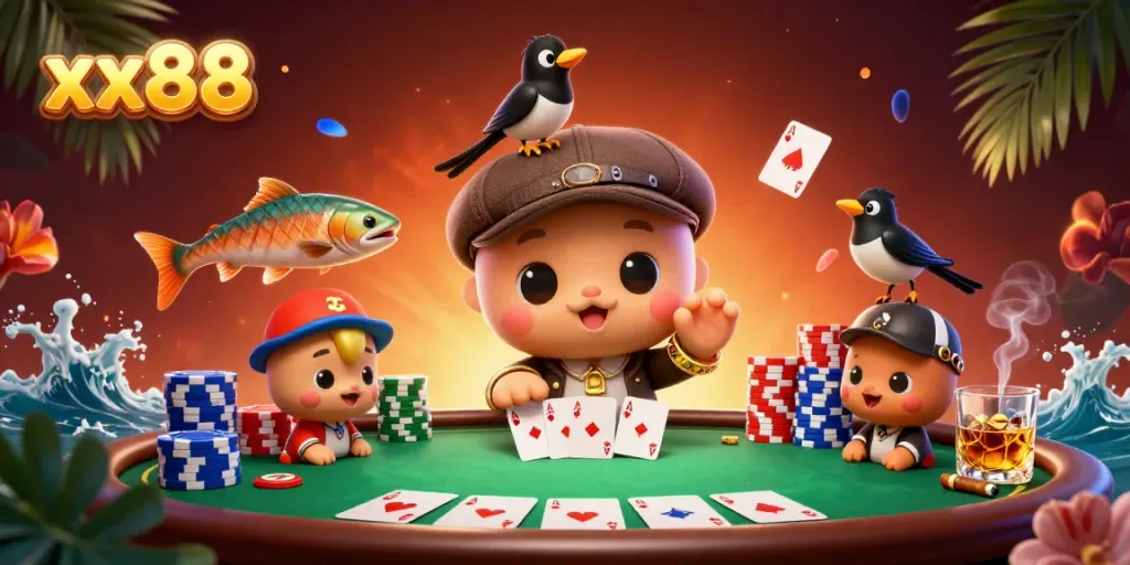 Engage in exciting poker action with xx88 featuring delightful characters and vibrant casino elements.
