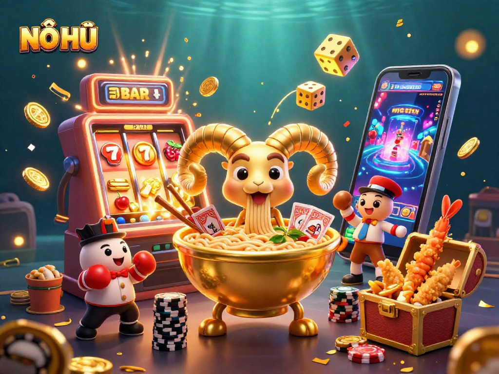 NỔ HŨ jackpot scene featuring a giant ramen bowl character and vibrant casino elements