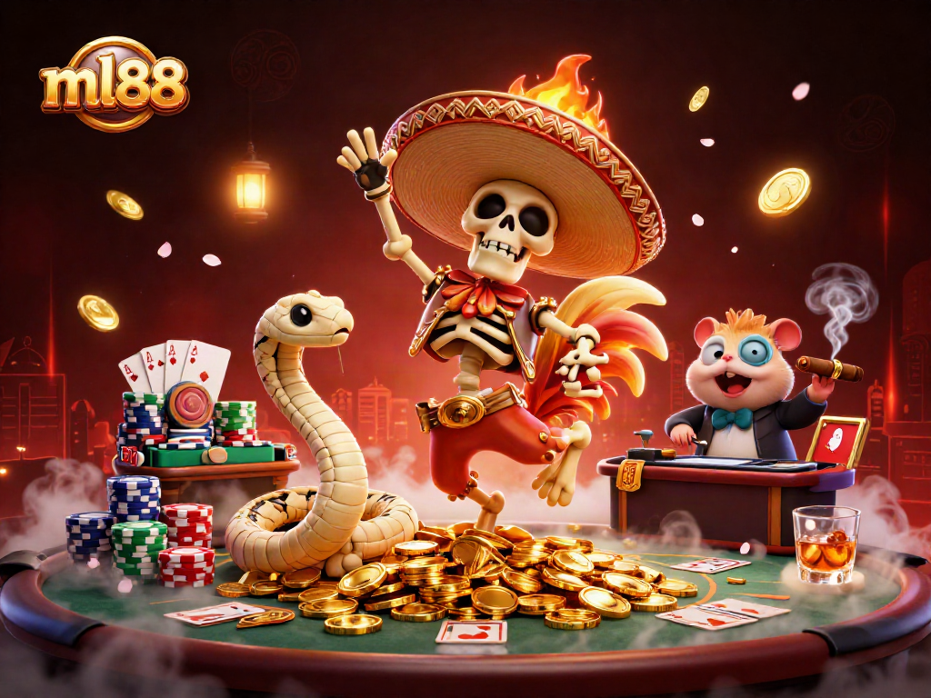 Experience the excitement of ml88 as a skeleton mariachi dances triumphantly among poker chips and golden coins.