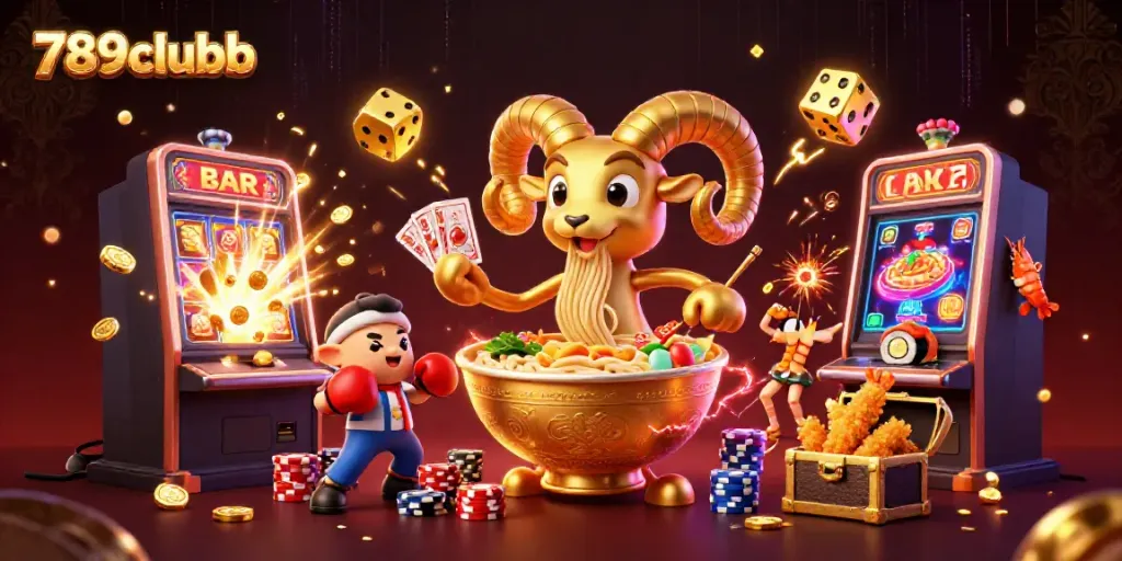 Engage in thrilling games with 789clubb as a giant ramen bowl dealer and vibrant casino elements in a colorful scene.