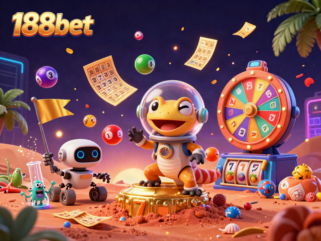Engage in thrilling lottery adventures with 188bet's animated Martian gecko and vibrant casino elements.