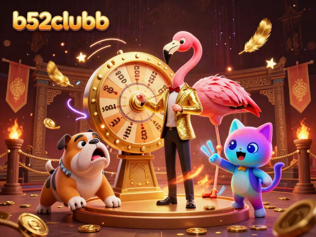 Engage with b52clubb's exciting prize scene featuring a flamingo host, bulldog contestant, and scoreboard cat amidst dynamic casino elements.