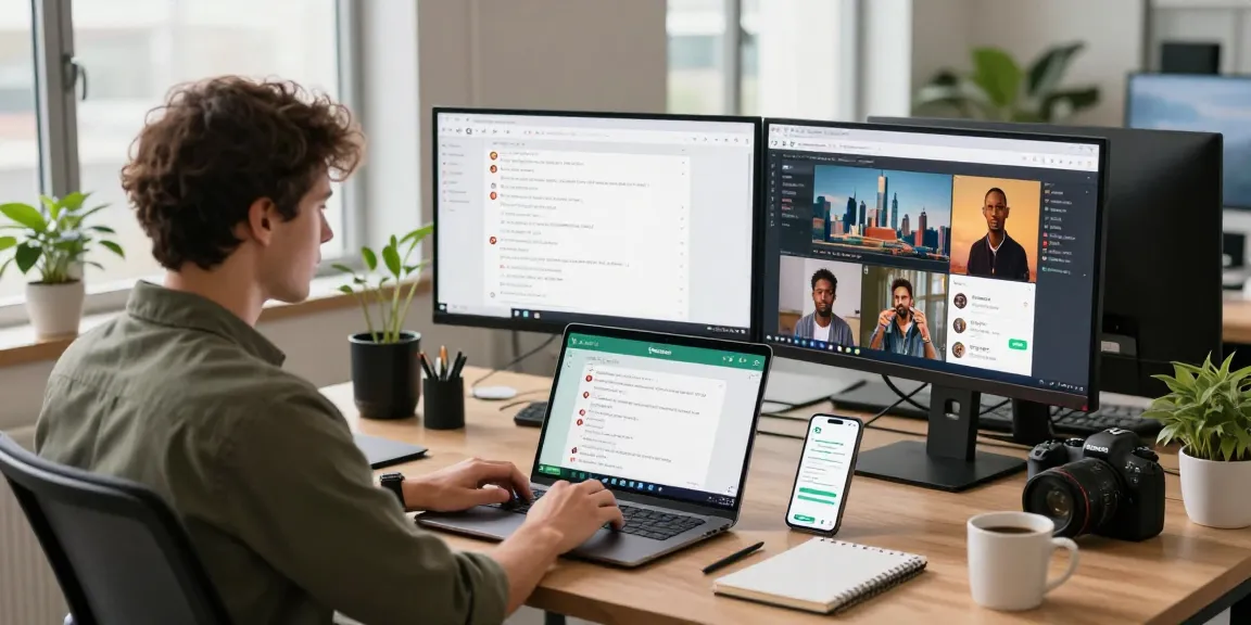 User navigating WhatsApp電腦版 on a laptop in a bright modern office