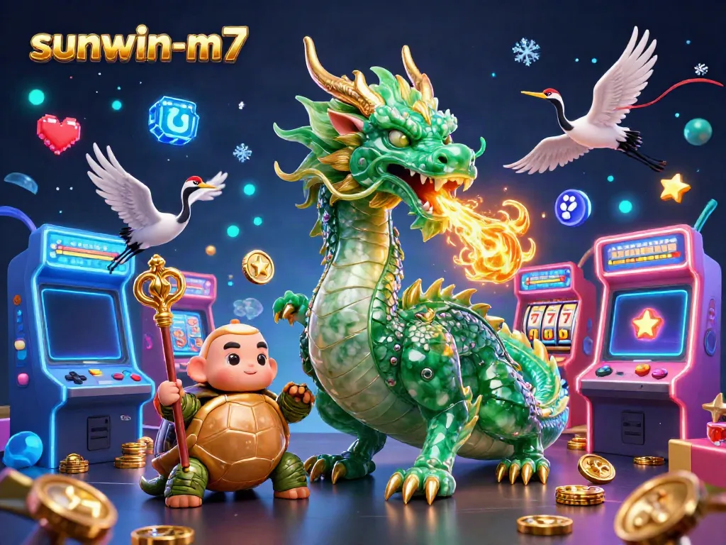 Experience thrilling adventures at sunwin-m7 with a jade dragon and lucky cranes amidst vibrant casino games.