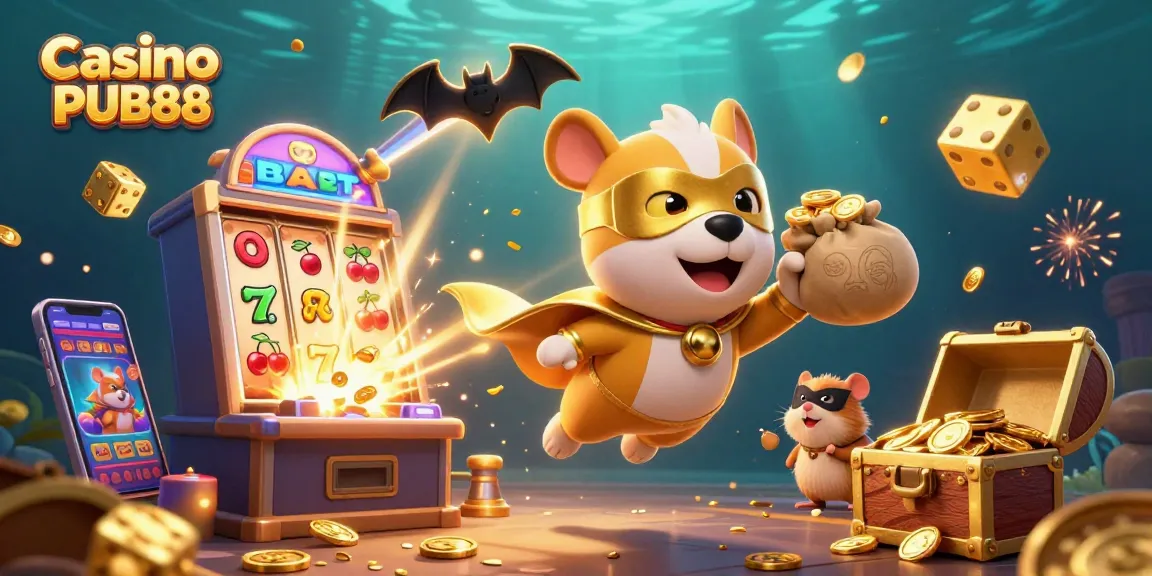 Experience thrilling games at Casino PUB88 with a superhero dog and sidekick amidst an explosion of winning symbols.