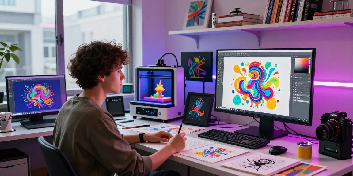 Artist generating NSFW AI images in a vibrant digital studio, showcasing creativity and technology.