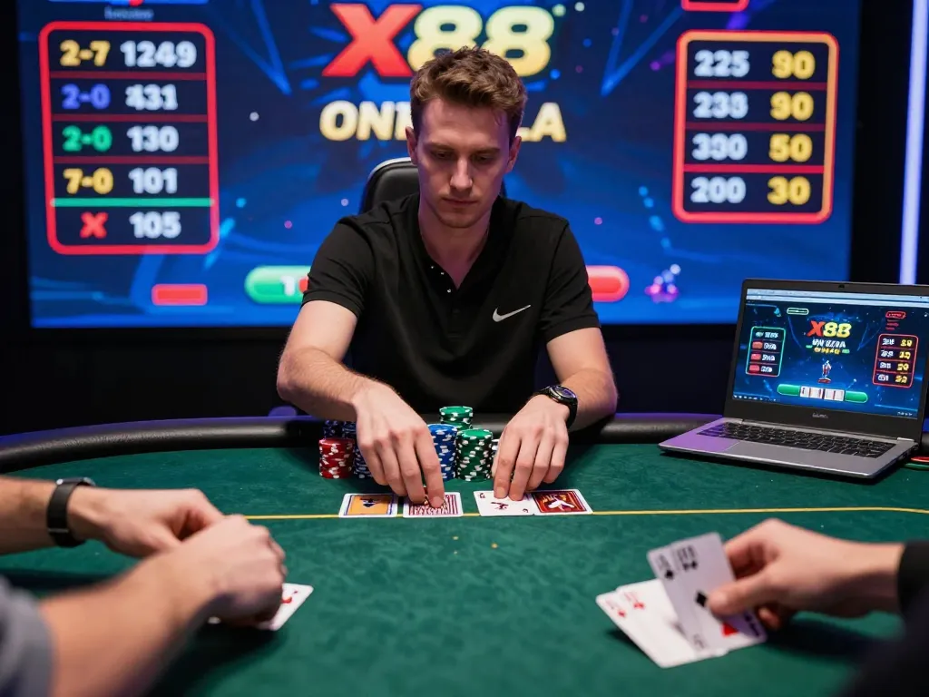 X88 online poker gameplay with players engaged, reflecting strategic moves and intense focus.