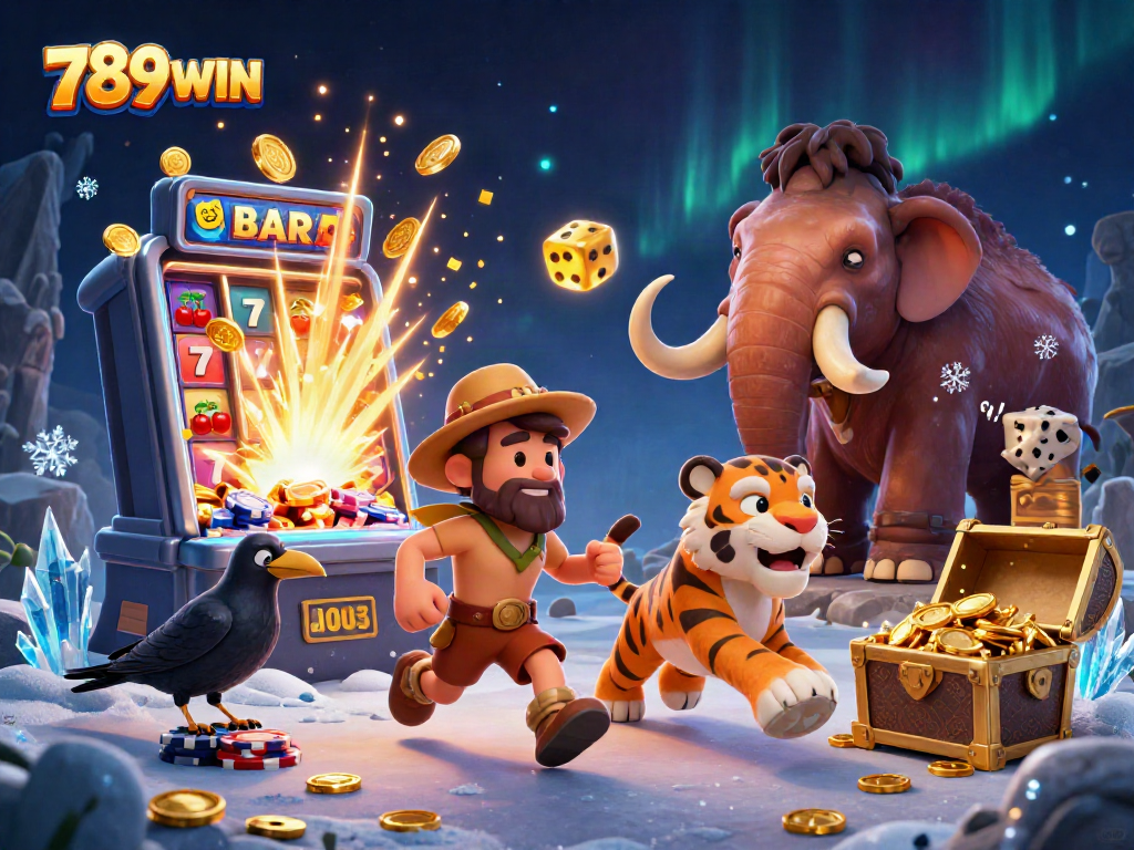 Experience the thrill of 789WIN's prehistoric casino with cavemen and slot machines bursting with jackpots!