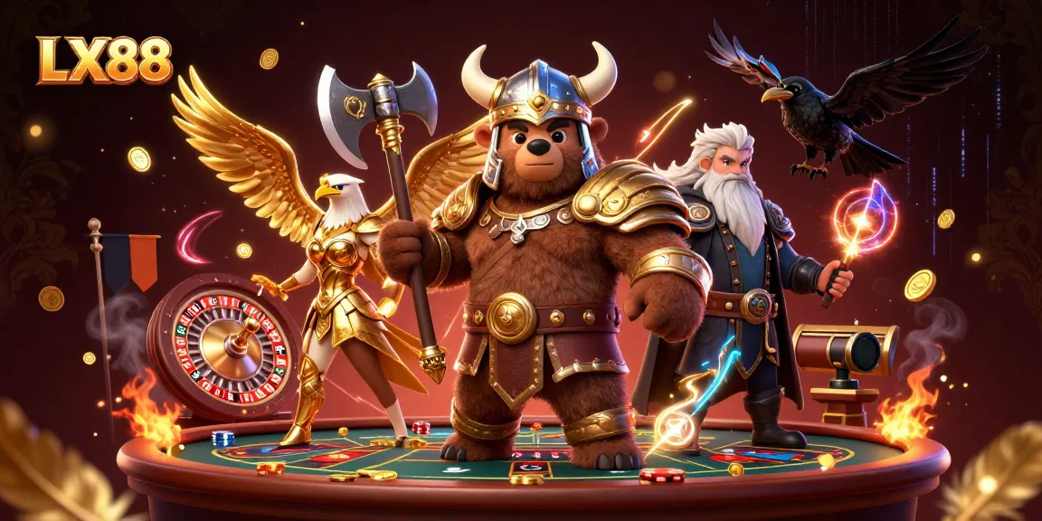 Engage with LX88 in a live casino scene filled with dynamic gaming elements and vibrant characters.