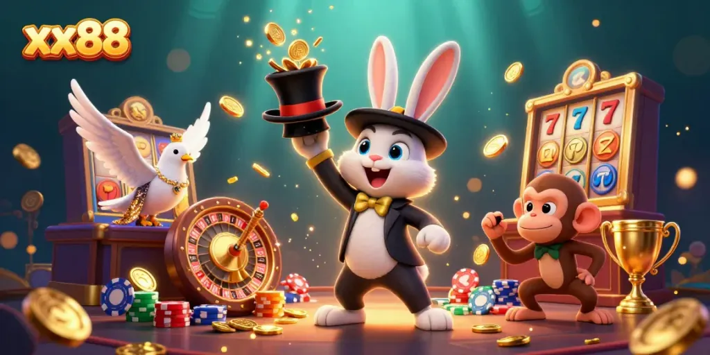 Engaging scene featuring xx88 casino elements with a magician rabbit, dove assistant, and monkey among gold coins and lucky slots.