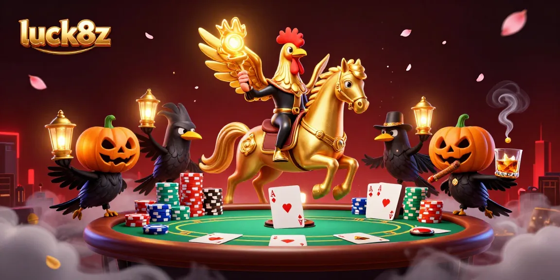 Experience luck8z in an ultra-detailed casino scene featuring a golden rooster riding a spectral horse.