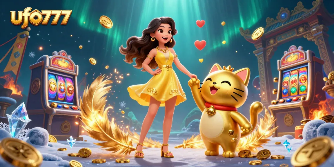 Play exciting slot games with ufo777, featuring a lively Asian woman and a golden lucky cat amidst floating confetti and gold coins.