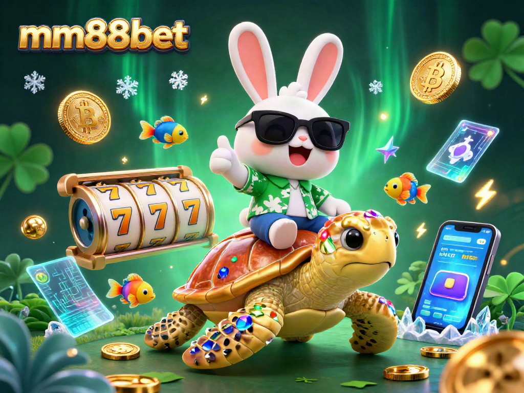 Win big at mm88bet with the charming rabbit and golden turtle in a vibrant casino illustration.