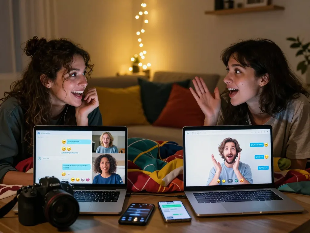 Engaging in sex chat with cozy ambiance, showcasing virtual connection.