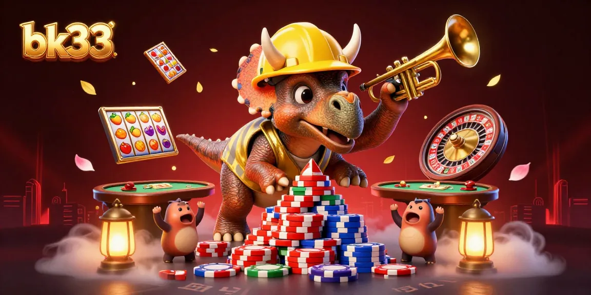 bk33 cartoon illustration showcasing a triceratops building poker chips and celebrating with vibrant games.
