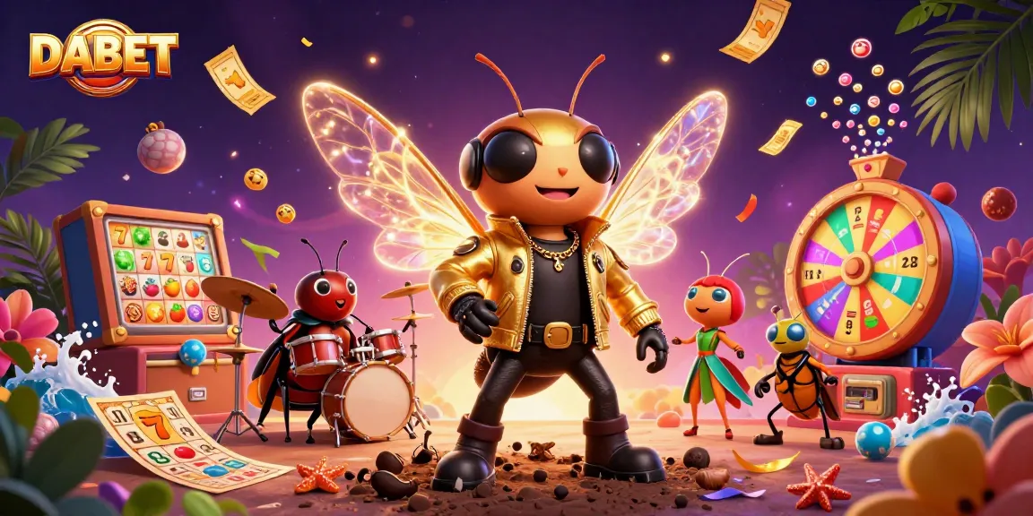 DABET captivates players with an energetic casino scene featuring a cicada rock star and vibrant gambling elements.