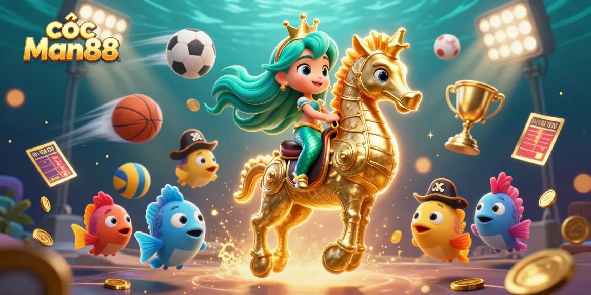 Engage in cược Man88 with an energetic underwater casino scene filled with vibrant characters and sports elements.