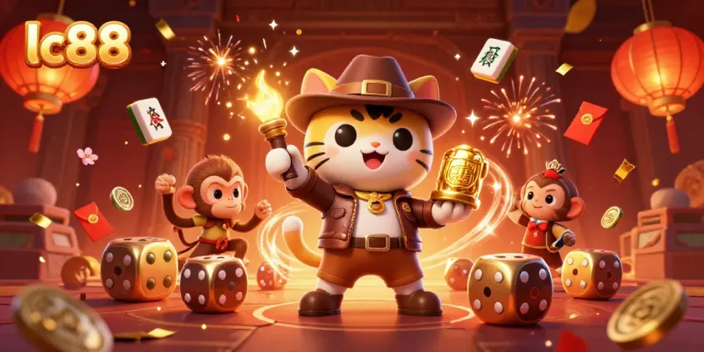 Explore the thrilling world of lc88 with an adventurous cat and monkey amidst casino treasures.