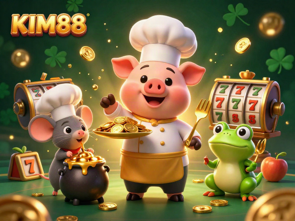 KIM88 celebrates winning with a chef pig serving gold coins in an exciting casino scene.