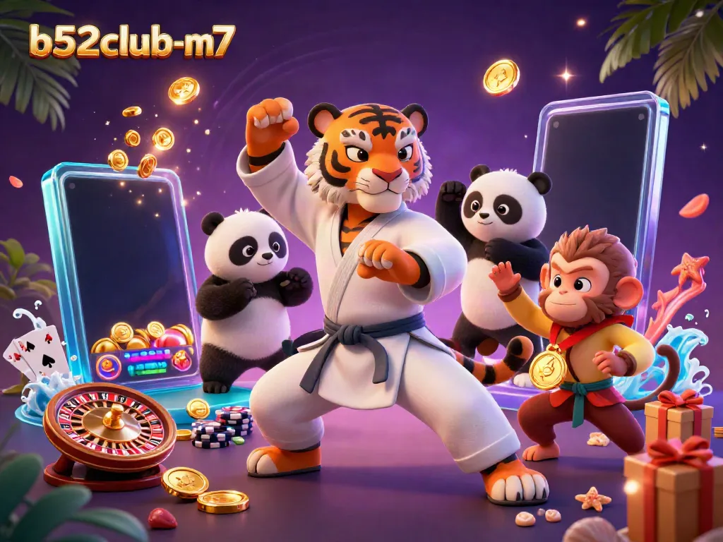 Bets are placed at b52club-m7 with a kung fu tiger master amidst vibrant casino elements.