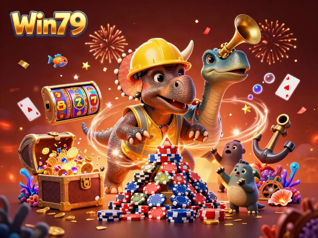 Engage in exciting gameplay at Win79 with a celebration scene featuring a triceratops and vibrant casino elements.