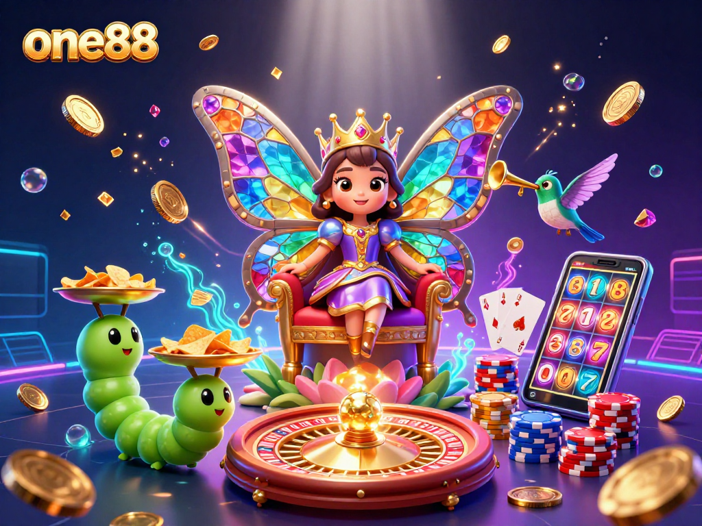 Experience the vibrant world of one88 with a dazzling butterfly queen and dynamic casino elements.